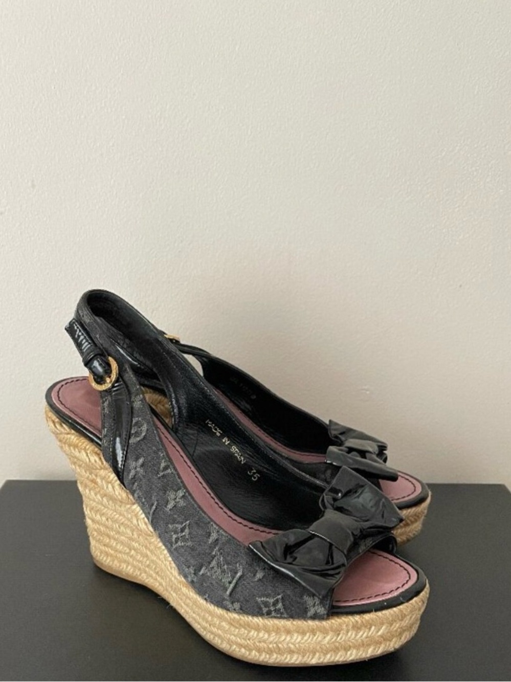 LOUIS VUITTON Denim Espadrilles Wedges Sandals with Bow